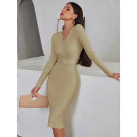 Solid Button Detail Belted Sweater Dress