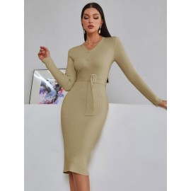 Solid Button Detail Belted Sweater Dress