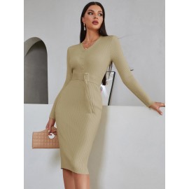 Solid Button Detail Belted Sweater Dress