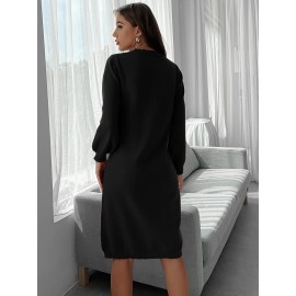 Solid Lantern Sleeve Sweater Dress Without Belt