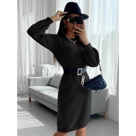 Solid Lantern Sleeve Sweater Dress Without Belt