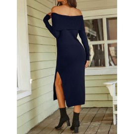 Off Shoulder Foldover Split Thigh Sweater Dress