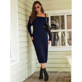 Off Shoulder Foldover Split Thigh Sweater Dress