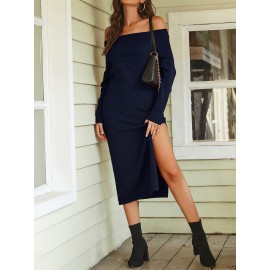 Off Shoulder Foldover Split Thigh Sweater Dress