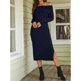 Off Shoulder Foldover Split Thigh Sweater Dress