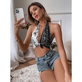 Two Tone Paisley Knotted Halter Crop Top