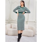 Houndstooth Pattern Decor Pocket Sweater Dress