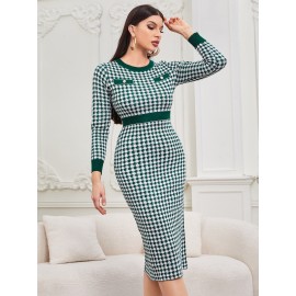 Houndstooth Pattern Decor Pocket Sweater Dress