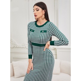 Houndstooth Pattern Decor Pocket Sweater Dress