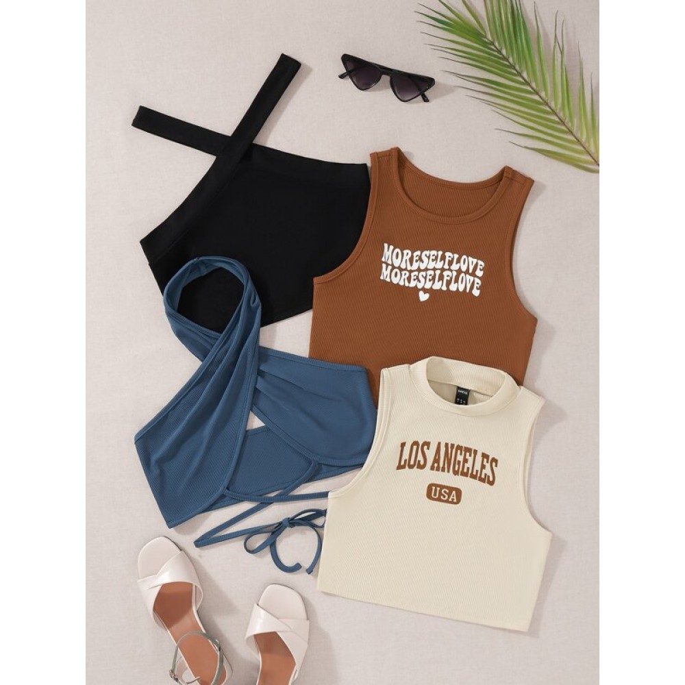 2pcs Letter Graphic Tank Top & 2pcs Halter Top