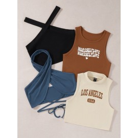 2pcs Letter Graphic Tank Top & 2pcs Halter Top