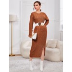 Split Hem Cable & Ribbed Knit Sweater Dress Without Belt