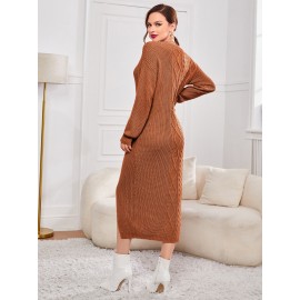 Split Hem Cable & Ribbed Knit Sweater Dress Without Belt