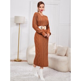 Split Hem Cable & Ribbed Knit Sweater Dress Without Belt