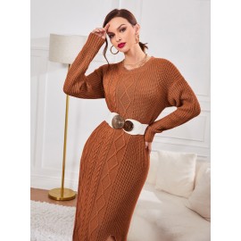 Split Hem Cable & Ribbed Knit Sweater Dress Without Belt