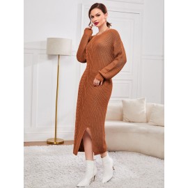 Split Hem Cable & Ribbed Knit Sweater Dress Without Belt