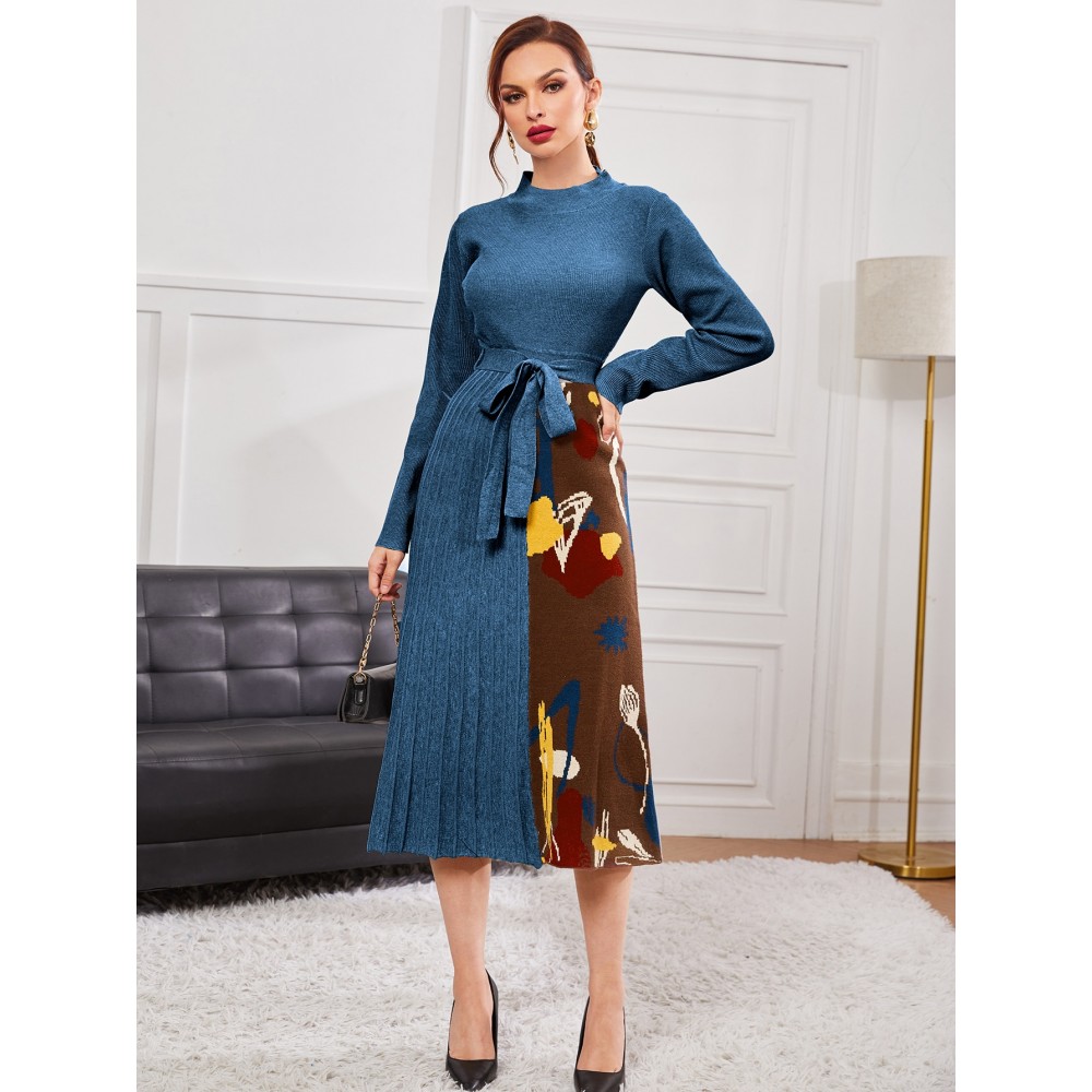 Floral Pattern Belted Pleated Sweater Dress