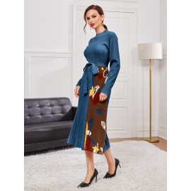 Floral Pattern Belted Pleated Sweater Dress