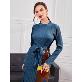 Floral Pattern Belted Pleated Sweater Dress