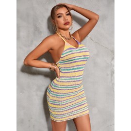 Block Striped Tie Backless Bodycon Sweater Dress