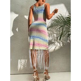 Colorblock Fringe Hem  Sweater Dress