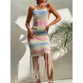 Colorblock Fringe Hem  Sweater Dress