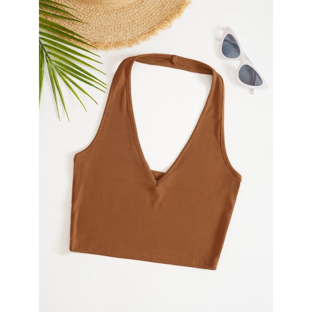 Solid Rib Knit Crop Halter Top