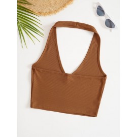 Solid Rib Knit Crop Halter Top