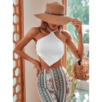 Solid Waffle Knit Tie Backless Halter Top