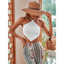 Solid Waffle Knit Tie Backless Halter Top