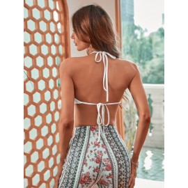 Solid Waffle Knit Tie Backless Halter Top