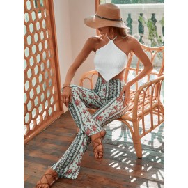 Solid Waffle Knit Tie Backless Halter Top