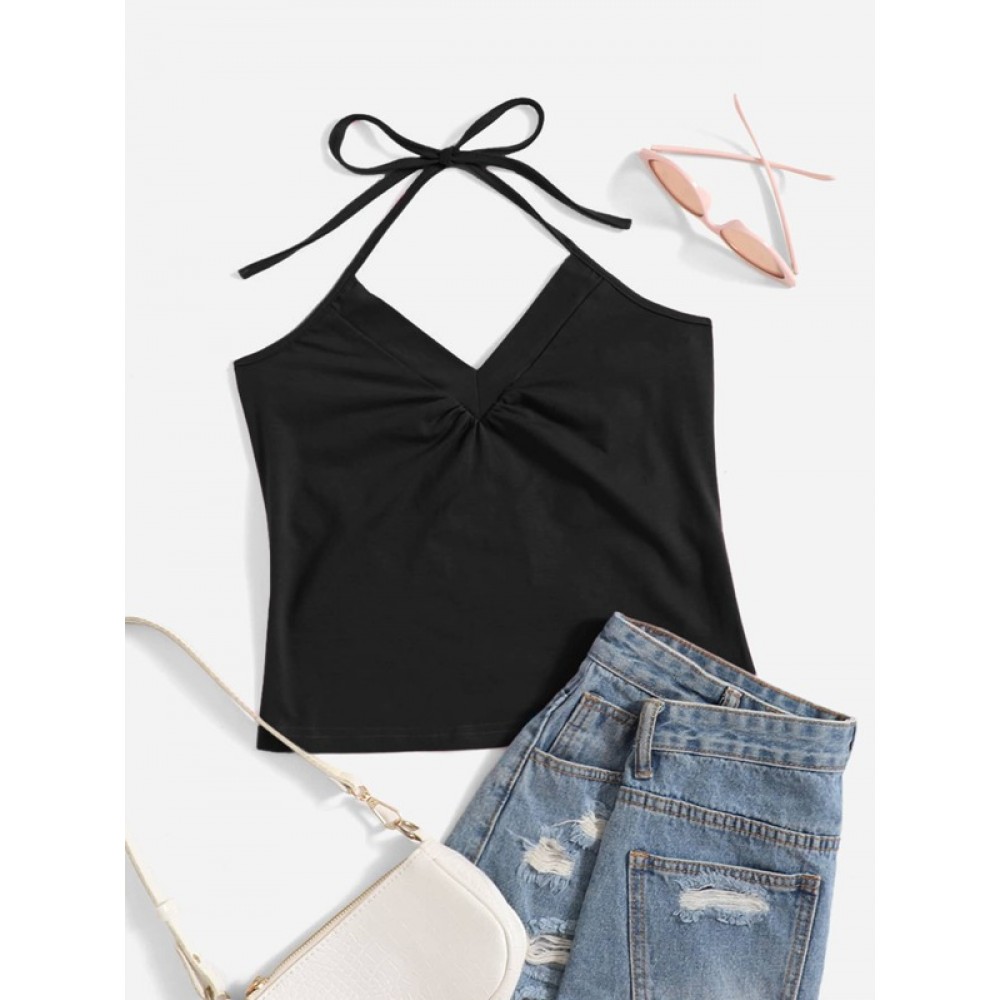 Solid Ruched Detail Halter Top