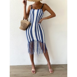 Vertical Striped Pattern Fringe Hem Sweater Dress