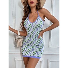 Chevron Pattern Tie Backless Halter Sweater Dress