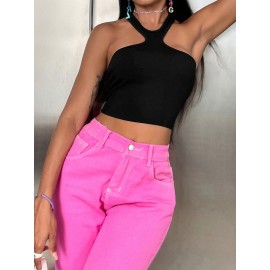 Solid Ribbed Knit Crop Halter Top