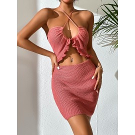 Cut Out Frill Trim Crisscross Tie Backless Halter Sweater Dress