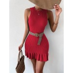 Ruffle Hem Ribbed Knit Sweater Dress Without Belt