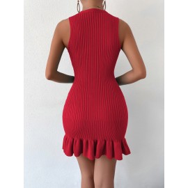 Ruffle Hem Ribbed Knit Sweater Dress Without Belt