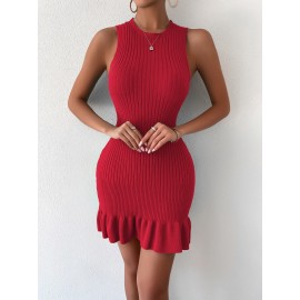 Ruffle Hem Ribbed Knit Sweater Dress Without Belt