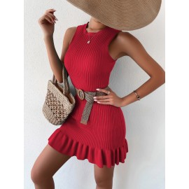 Ruffle Hem Ribbed Knit Sweater Dress Without Belt