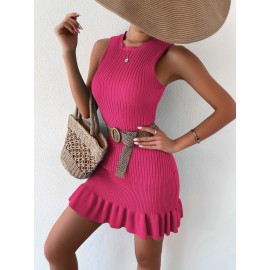 Ruffle Hem Ribbed Knit Sweater Dress Without Belt