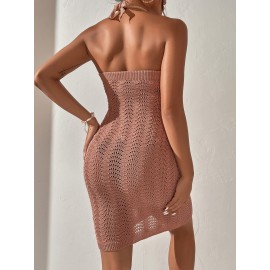 Halter Neck Backless Pointelle Knit Sweater Dress Without Lingerie