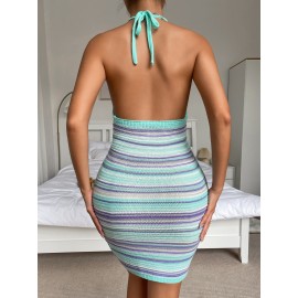 Striped Open Back Halter Neck Sweater Dress