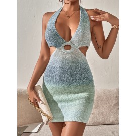 Ombre Backless Cut Out Halter Bodycon Sweater Dress