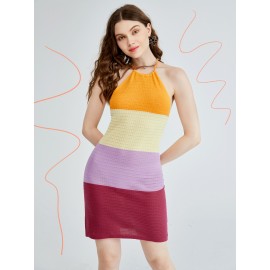 Colorblock Tie Backless Halter Sweater Dress