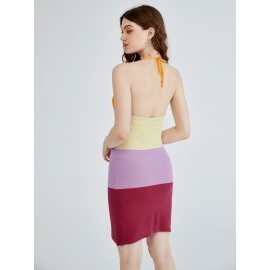 Colorblock Tie Backless Halter Sweater Dress