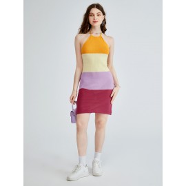 Colorblock Tie Backless Halter Sweater Dress