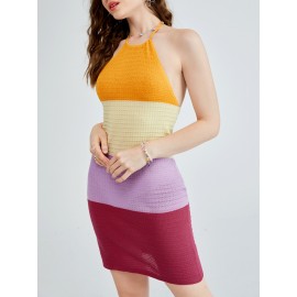 Colorblock Tie Backless Halter Sweater Dress