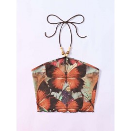 Grunge Butterfly nt Wooden Beaded Lettuce Trim Halter Top